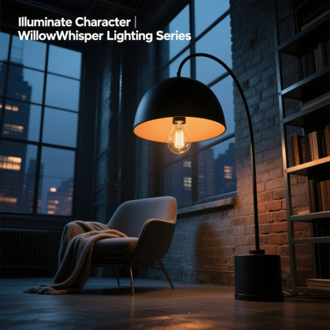 Dramatic loft corner with arched floor lamp Dramatic loft corner with arched floor lamp