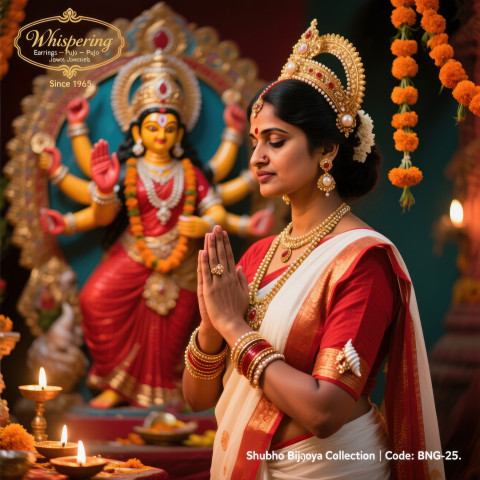 Bengali woman in red white saree with gold neckpieces and bangles before durga idol in temple light Bengali woman in red white saree with gold neckpieces and bangles before durga idol in temple light