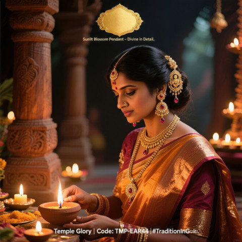 Bride lighting diya in temple wearing gold jhumka earrings with ruby drops and silk saree glow Bride lighting diya in temple wearing gold jhumka earrings with ruby drops and silk saree glow