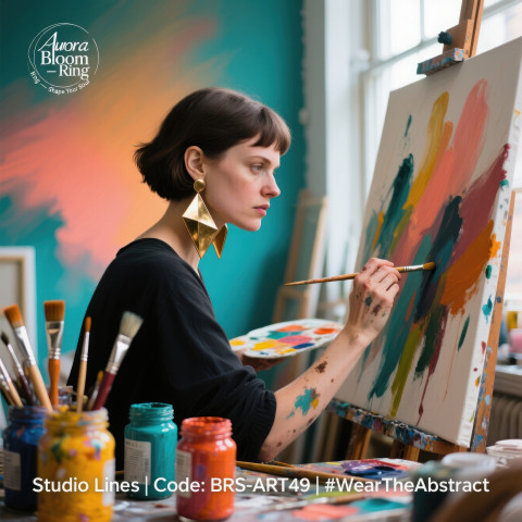 Woman artist painting canvas in studio wearing bold brass geometric earrings with creative vibe Woman artist painting canvas in studio wearing bold brass geometric earrings with creative vibe