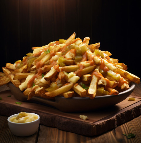 Delicious poutine with cheese curds french fries on the table. so juicy and yummy Get unlimited access to a library of free ai prompts and ai images to help you generate creative ideas.