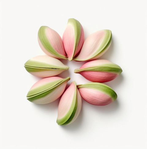 Six open pistachio nuts on a white background Six open pistachio nuts on a white background, pistachio nut image