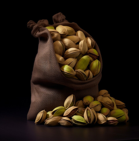 Pistachio nuts in a sack on black dark background in natural day Pistachio nuts in a sack on black dark background in natural daylight photo, pistachio nut image