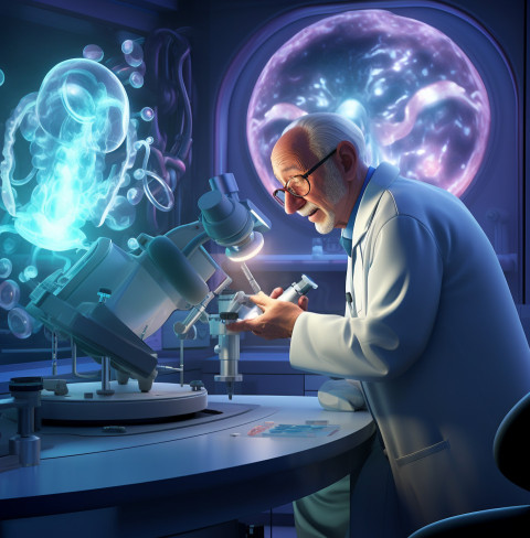 A doctor using a holographic microscope to examine a patients ce A doctor using a holographic microscope to examine a patients cells, medical images stock