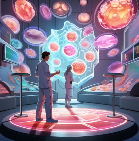 A doctor using a holographic microscope to examine a patients ce A doctor using a holographic microscope to examine a patients cells, medical images stock
