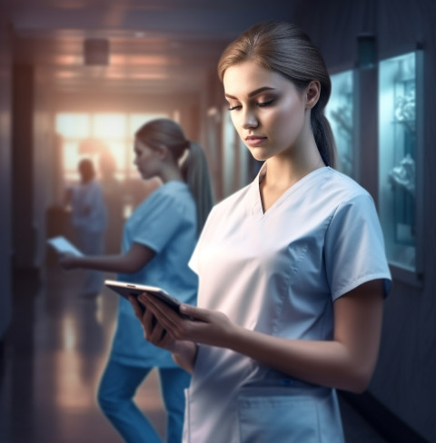 Nurse using technology to improve patient care Nurse using technology to improve patient care, medical images stock