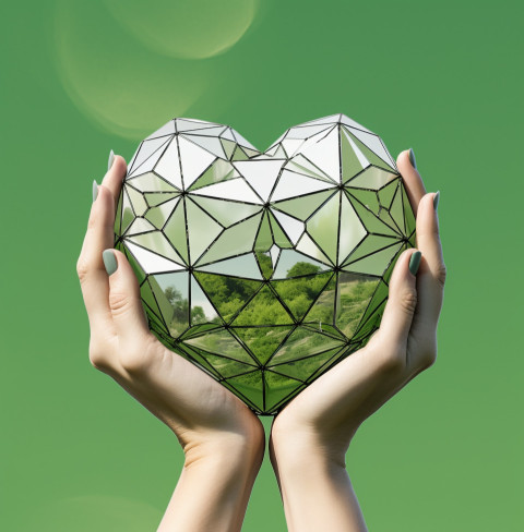 A female hand shows a heart shape on a green background with a c A female hand shows a heart shape on a green background with a cross in it, medical images stock