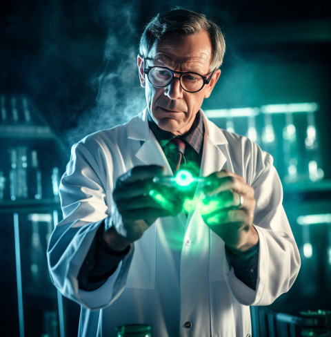 Scientist conducts experiment in dark lab Scientist conducts experiment in dark lab, medical images stock