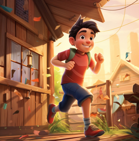 A character is running in front of a wooden house A character is running in front of a wooden house, cartoon style art