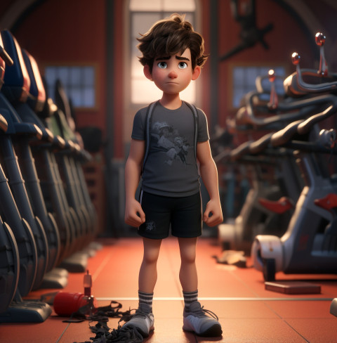an animation character in black shorts in a gym
