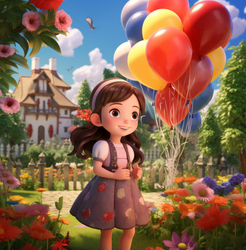 A young girl is holding balloons near a flower garden A young girl is holding balloons near a flower garden, cartoon style art