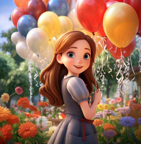 Little girl holding balloons in purple flowers Little girl holding balloons in purple flowers