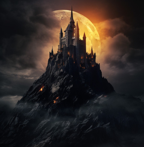 a black castle on top of a hill on top of an island a black castle on top of a hill on top of an island