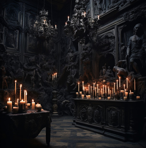 a black and ornately decorated room with candles and paintings a black and ornately decorated room with candles and paintings