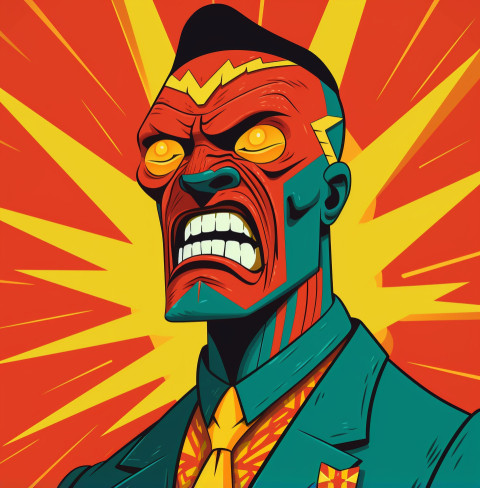 a cartoon of a man with a red suit and yellow eyes