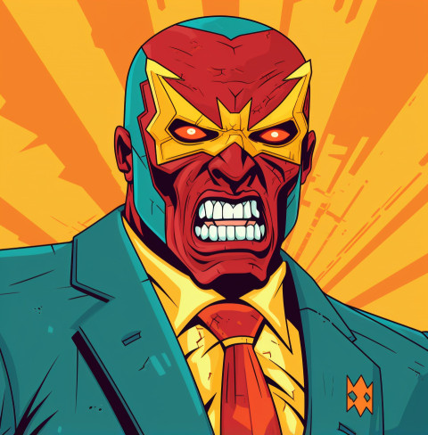 Man in red suit with glowing yellow eyes Man in red suit with glowing yellow eyes, lucha libre