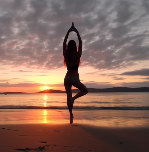 Woman Practicing Yoga at Beach Sunset Woman Practicing Yoga at Beach Sunset