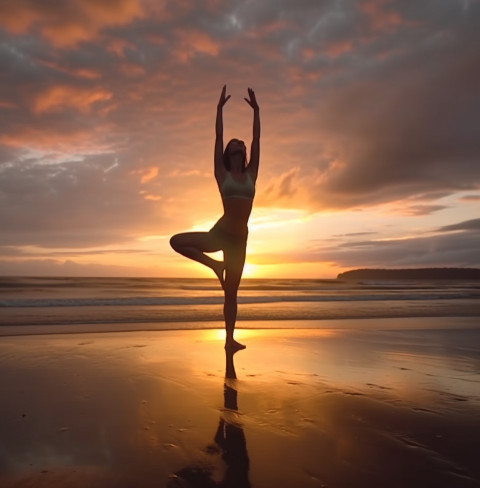 Woman Practicing Yoga at Beach Sunset Woman Practicing Yoga at Beach Sunset