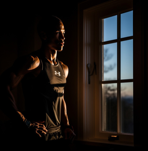 The athletes are silhouetted against a backlit window The athletes are silhouetted against a backlit window