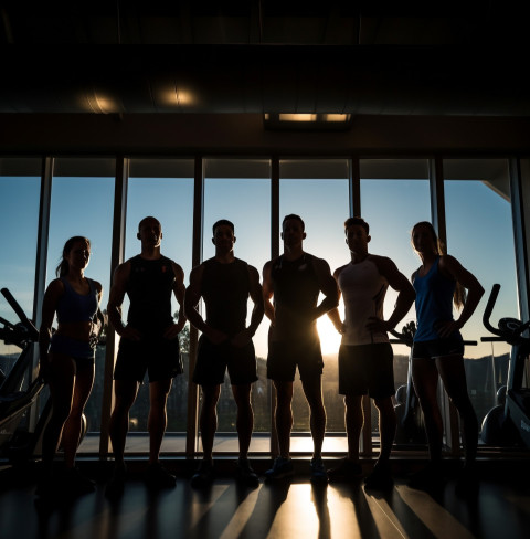 fitness people group in silhouette window fitness people group in silhouette window