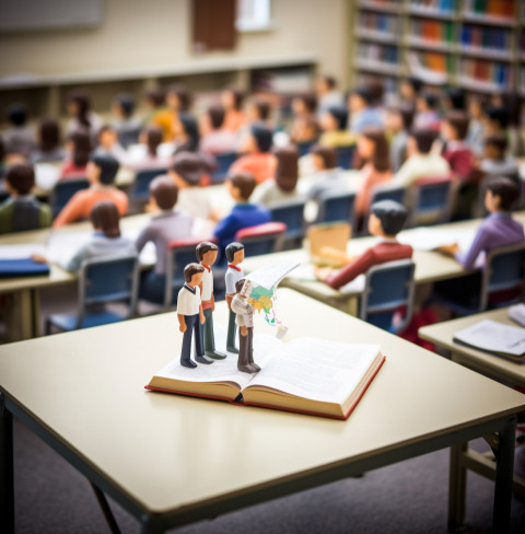 a tilt shift shot of a teacher giving a lecture in a large
