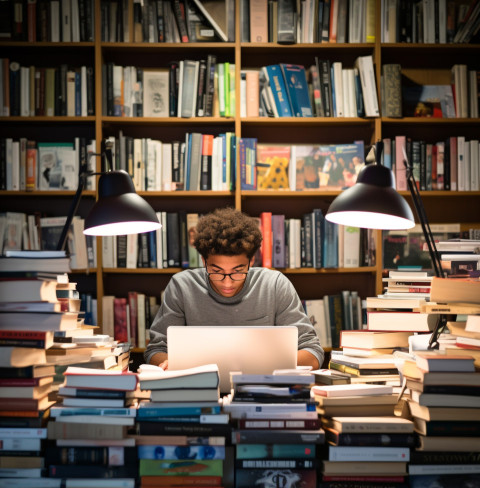 A student sitting at a table in the library A student sitting at a table in the library