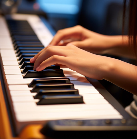 A close up of a student play on piano keyboard A close up of a student play on piano keyboard