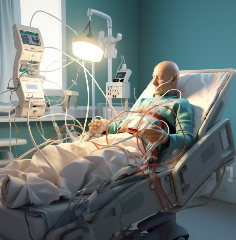 A man is sitting in a hospital bed hooked up to a ventilator A man is sitting in a hospital bed hooked up to a ventilator