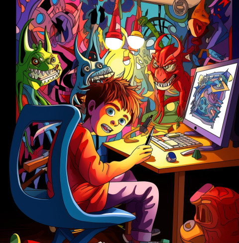 Young Boy Drawing His Fears Young Boy Drawing His Fears