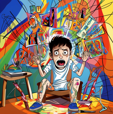A young boy is sitting in his room drawing a picture of his fear A young boy is sitting in his room drawing a picture of his fear