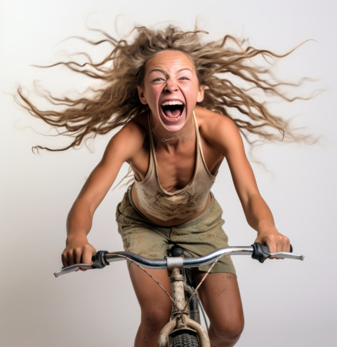 A cheerful girl happily riding a bicycle against a white backdrop A cheerful girl happily riding a bicycle against a white backdrop
