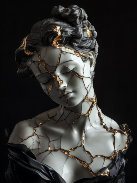 A woman with leaking gold cracks in kintsugi art style A woman with leaking gold cracks in kintsugi art style