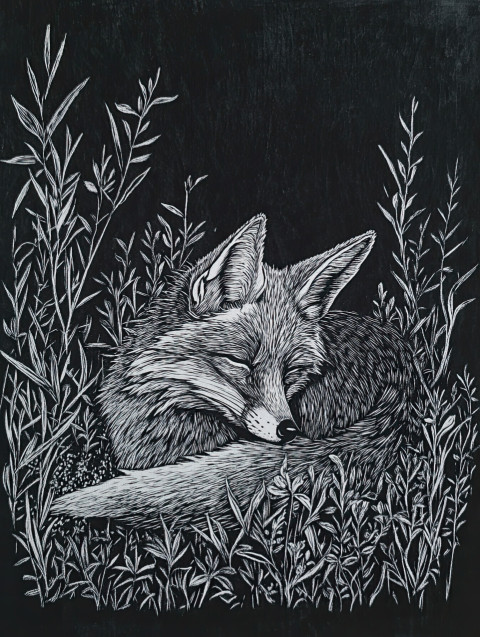 Fox curled up in dense undergrowth Fox curled up in dense undergrowth