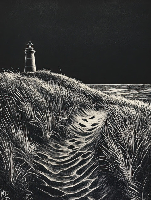 Wind-swept dunes with a lone lighthouse standing tall against the horizon Wind-swept dunes with a lone lighthouse standing tall against the horizon