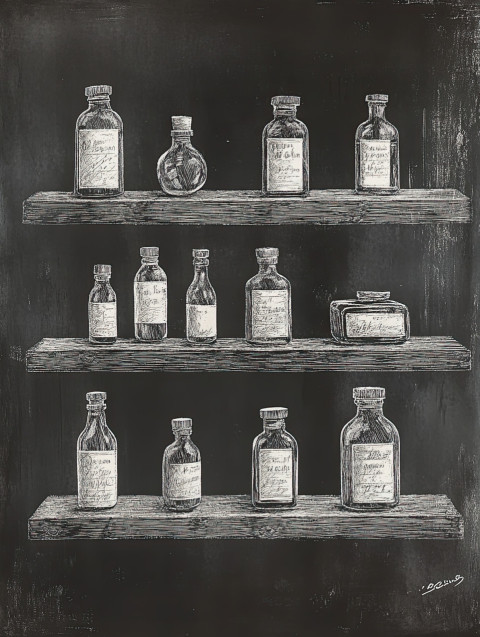 Antique apothecary bottles on wooden shelves Antique apothecary bottles on wooden shelves