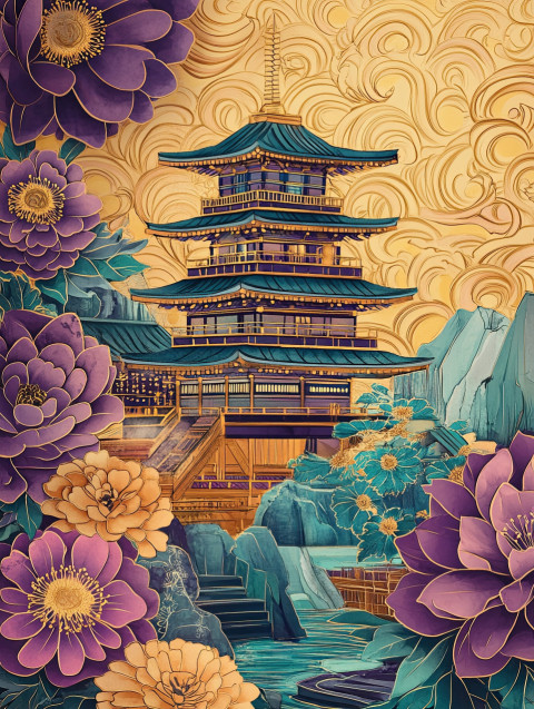A serene pagoda framed by floral swirls A serene pagoda framed by floral swirls
