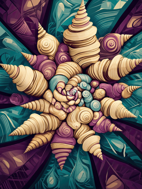 Seashells arranged in a radial starburst Seashells arranged in a radial starburst