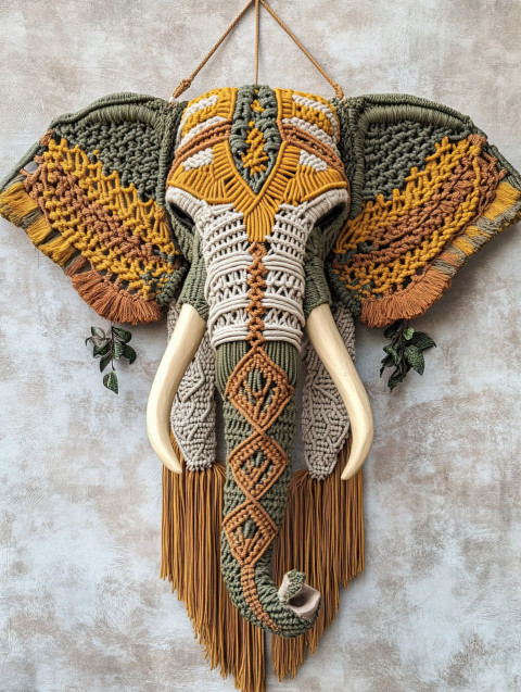 Majestic elephant adorned with intricate macrame patterns Majestic elephant adorned with intricate macrame patterns