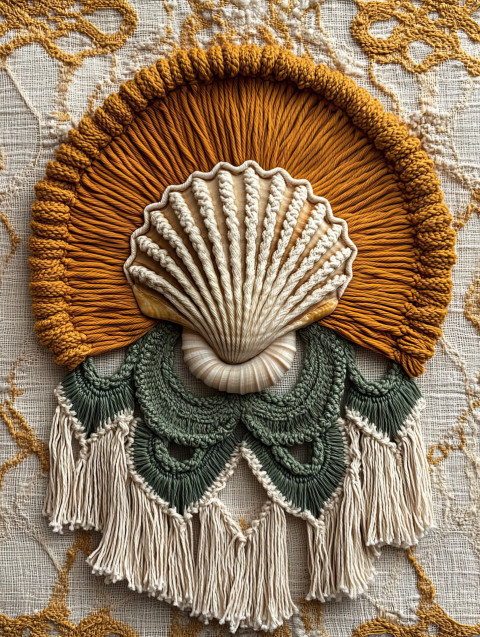 Seashell surrounded by flowing macrame waves Seashell surrounded by flowing macrame waves