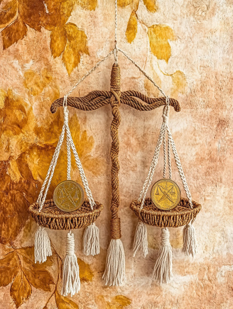Balance scale or coin framed with macrame Balance scale or coin framed with macrame