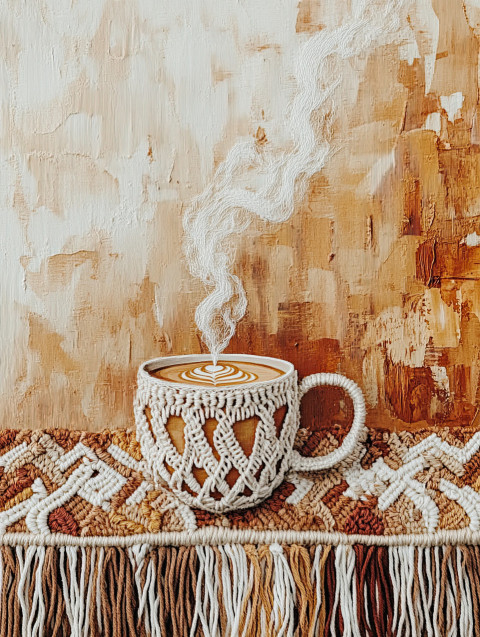 Cup of coffee with macrame steam rising Cup of coffee with macrame steam rising