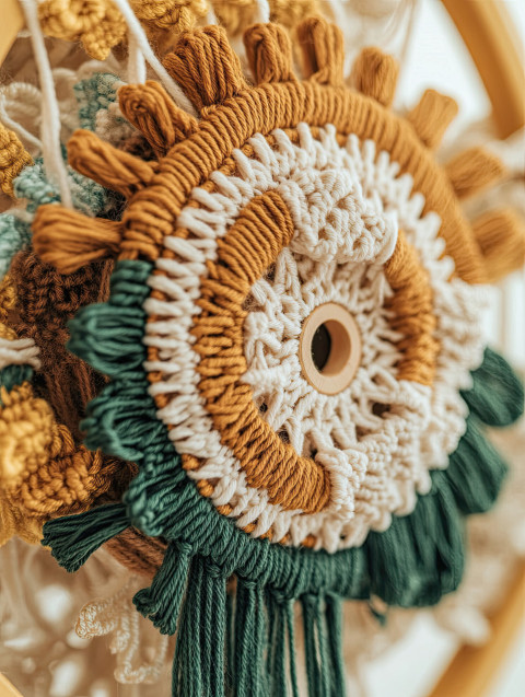 Macrame gearwheel with woven threads Macrame gearwheel with woven threads