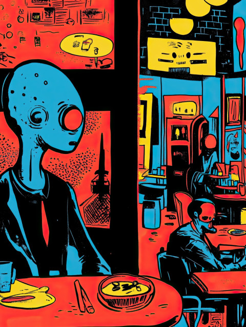 Friendly alien visits a cozy cafe Friendly alien visits a cozy cafe