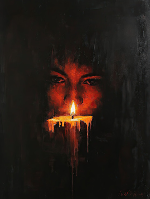 Dramatic chiaroscuro portrait of a face illuminated by candlelight Dramatic chiaroscuro portrait of a face illuminated by candlelight