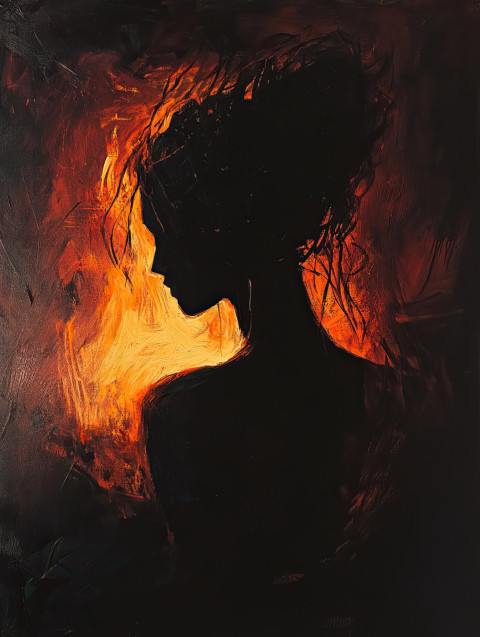 Dark silhouette stands before roaring flames Dark silhouette stands before roaring flames