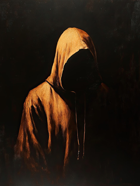 A shadowy hooded figure emerges from darkness A shadowy hooded figure emerges from darkness