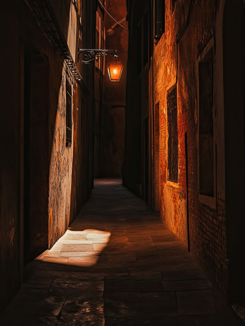 A dimly lit alleyway with deep shadows and a single light source A dimly lit alleyway with deep shadows and a single light source