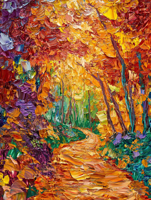 Fiery autumn forest path covered in red and orange leaves Fiery autumn forest path covered in red and orange leaves