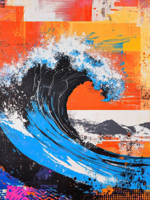 Ocean waves crashing in stencil painting style Ocean waves crashing in stencil painting style