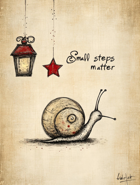Hand-drawn snail sketch with one vintage lantern and a red star. "Small steps matter" in playful text. Cozy beige background with pencil shading and red accents. Whimsical AI art Hand-drawn snail sketch with one vintage lantern and a red star. "Small steps matter" in playful text. Cozy beige background with pencil shading and red accents. Whimsical AI art
